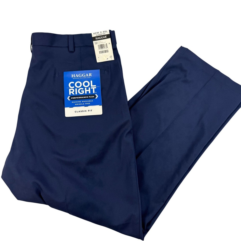 Haggar Cool Right Dress Pants Mens 40x30 Blue Classic Fit Stretch Microfiber NEW